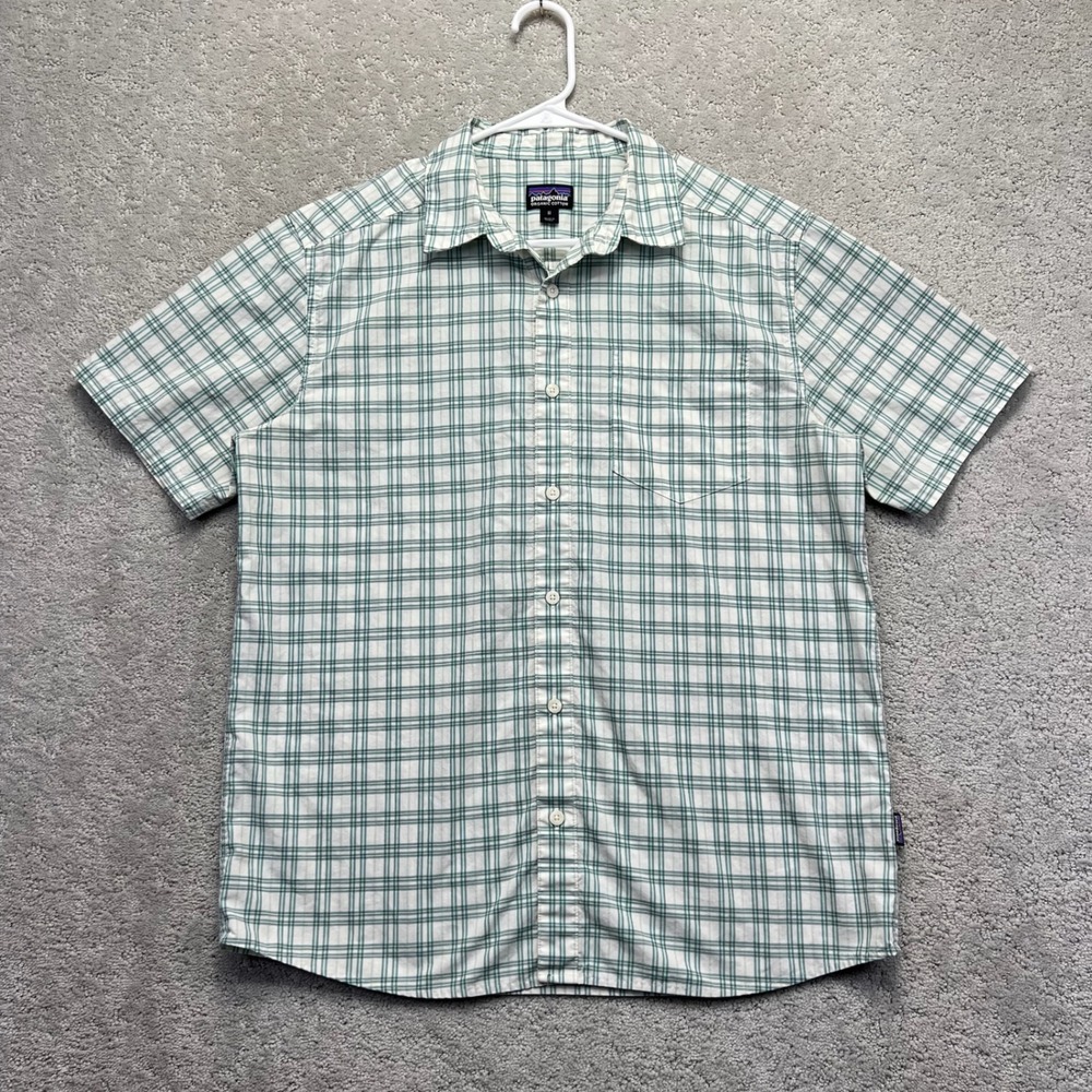 Patagonia Shirt Mens Medium Green Plaid Organic Cotton Short Sleeve Button Up